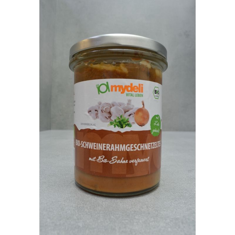 mydeli BIO Schweinerahmgeschnetzeltes (Goldbraun gebratenes Schweinegeschnetzeltes in gerahmter Sauce) - Produktbild