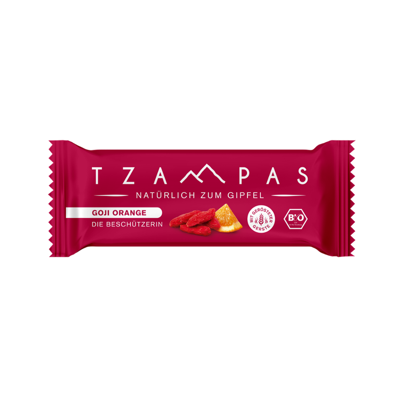 TZAMPAS TTZAMPAS Energieriegel Goji Orange - Die Beschützerin. Natürlich zum Gipfel. Mit gerösteter Gerster, Goji Beeren und Orangenöl. - Produktbild