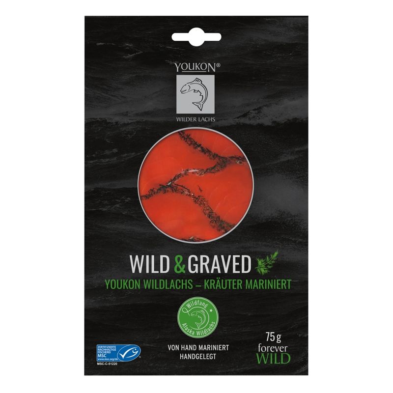 Youkon Wilder Lachs  YOUKON WILD & GRAVED, Youkon Wildlachs Red Salmon graved, 75g, Kräuter mariniert, Geschnitten, MSC zertifiziert - Produktbild