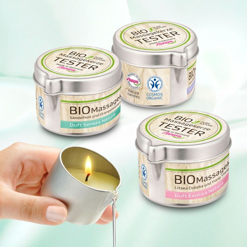 stuwa BIO Massagekerze Metalldose mit Ausgießer 50 ml Exotica Natura BDIH Cosmos Organic   TESTER - Produktbild