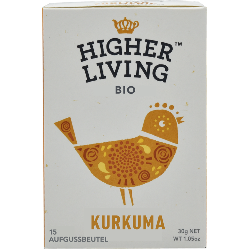 Higher Living Kurkuma, das indische Elixir. So wertvoll wie Gold. Ein würziger Aufguss aus Kurkuma, Ingwer und Lakritz, angereichert mit aromatischen Rosenblättern. - Produktbild