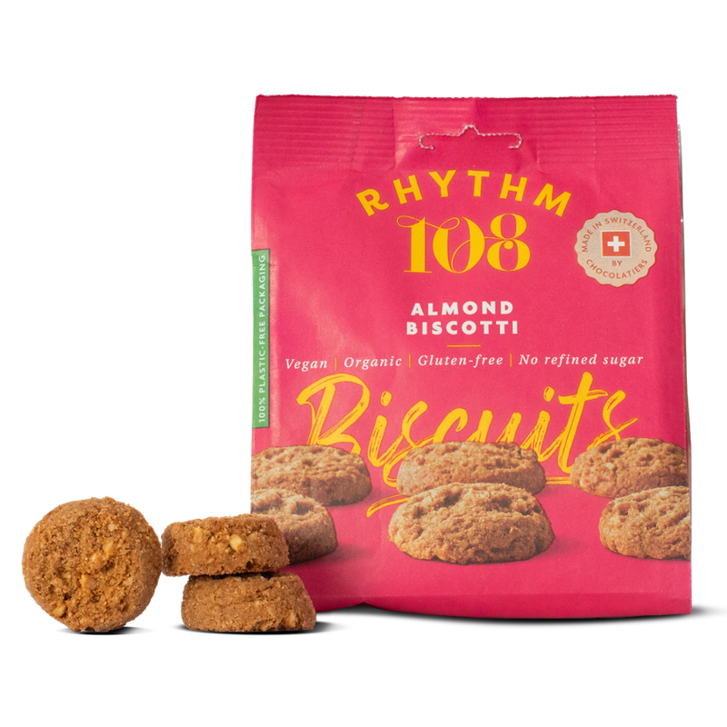 Rhythm 108 Unsere italien-inspirierten, buttrigen (ohne die Butter) Mandel-Biscotti sind voll gepackt mit Mandelstücken und mit natürlichem Kokosnussöl knusprig gebacken - Produktbild