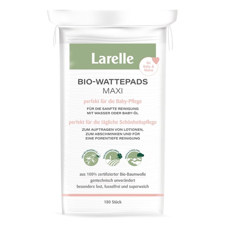 Larelle Bio-Maxi-Pads 180 Stück aus 100% zertifizierter Bio-Baumwolle, gentechnisch unverändert, besonders fest, fusselfrei, superweich - Produktbild