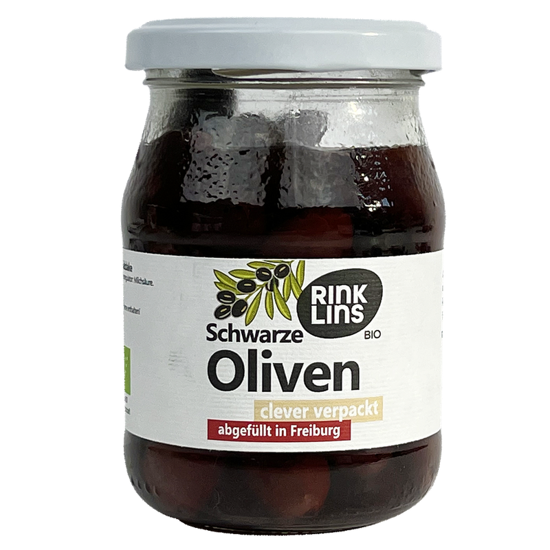 RINKLINS BIO Schwarze Oliven entsteint in Salzlakeclever verpackt im Pfandglas - Produktbild