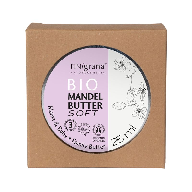 FINigrana® Naturkosmetik FINigrana® BIO MANDELBUTTER SOFT (Mama & Baby) Allround Basis Hautpflege für die ganze Familie, 25ml in handlicher Reisegröße, in recycelbarer Weißblechdose mit Umkarton - Produktbild
