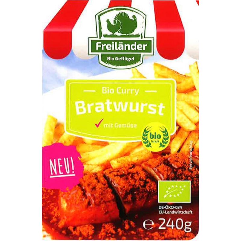 Freiländer Bio Geflügel Geflügel-Currywurst-Bratwurst mit Gemüse, Bio 3x80g – 3er Gebinde - Produktbild