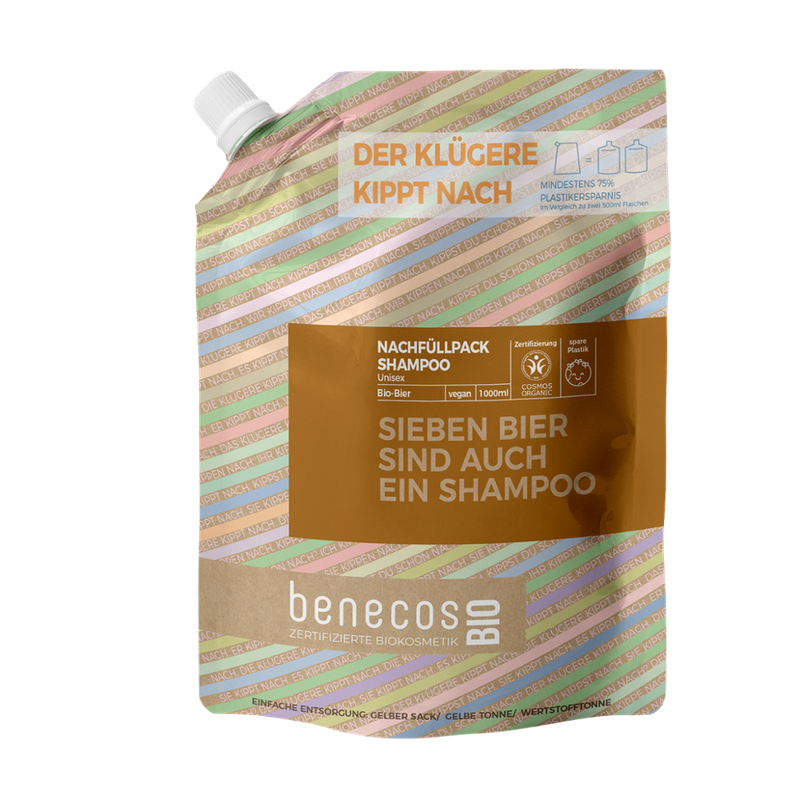 benecos benecosBIO Nachfüllbeutel 1000 ml Shampoo Unisex BIO-Bier - SIEBEN BIER SIND AUCH EIN SHAMPOO - Produktbild