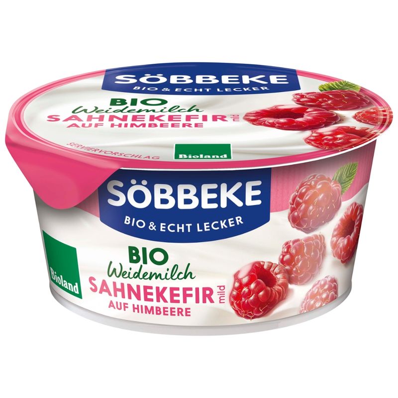 Söbbeke Bio Weidemilch Sahnekefir mild auf Himbeere 10 % Fett 150g Becher - Produktbild