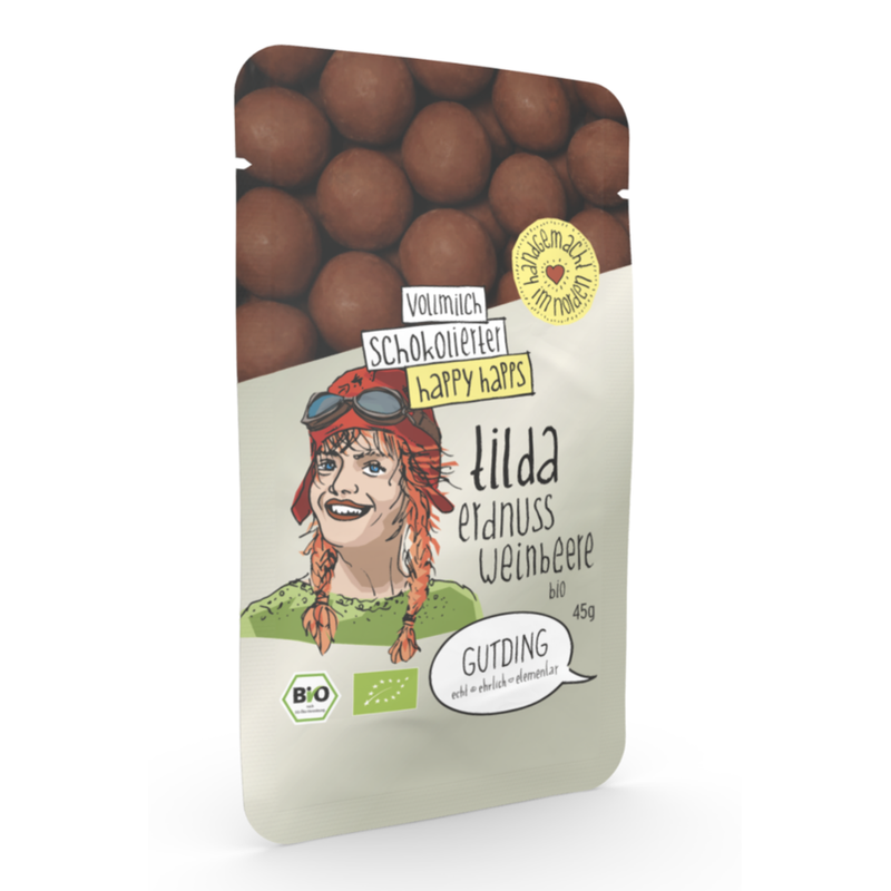 GUTDING Tilda - Happy Happs schokoliert - Erdnüsse, Weinbeeren - bio, glutenfrei - im PP-Tütchen. Tilda: ein weiches, schokoliertes Kaubonbon. - Produktbild