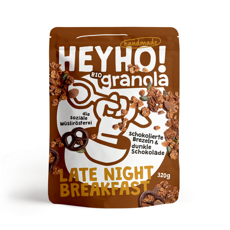 HEYHO Granola Late Night Breakfast Handmade Granola mit schokolierten Laugenbrezeln und Crunch-Monden - Produktbild