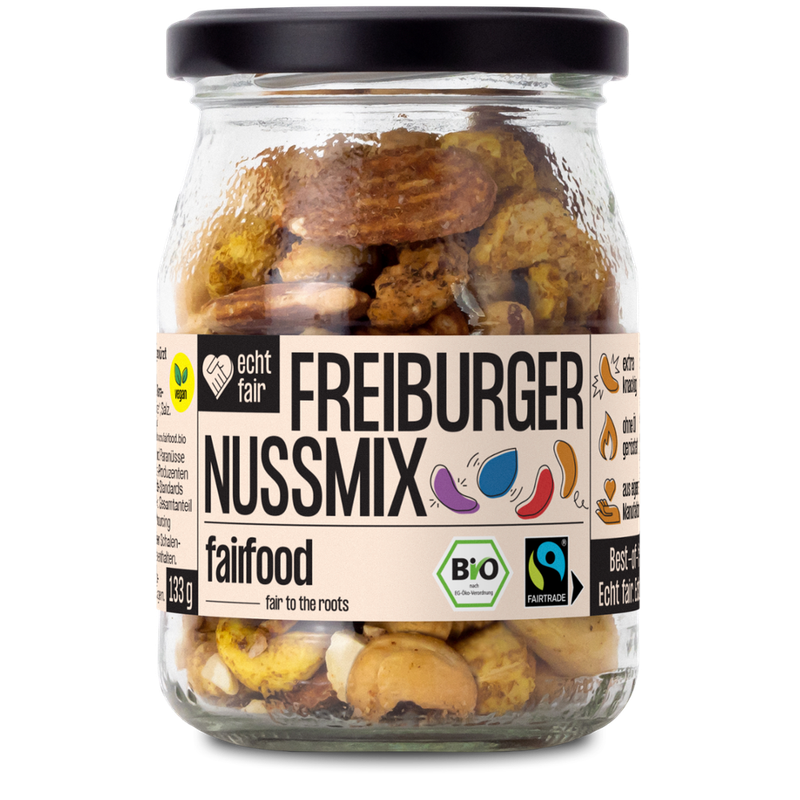 fairfood Freiburg Fairer Nussmix geröstet & bunt gewürzt (133g, Pfandglas klein, Bio & Fairtrade) - Produktbild