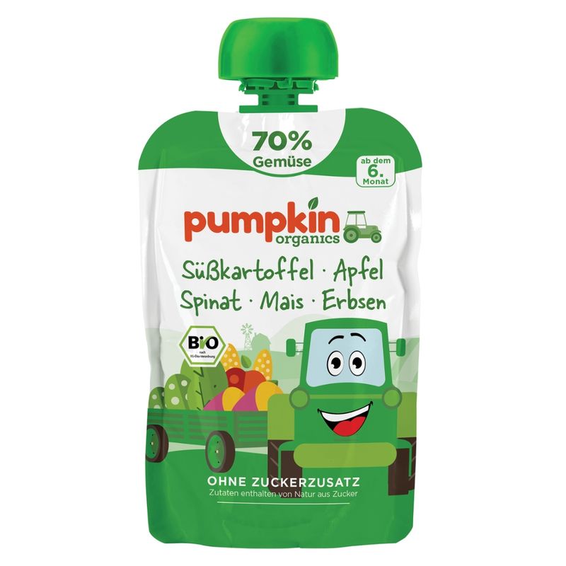 Pumpkin Organics Bio Quetschie mit Süßkartoffel, Apfel, Spinat, Mais und Erbsen - Produktbild