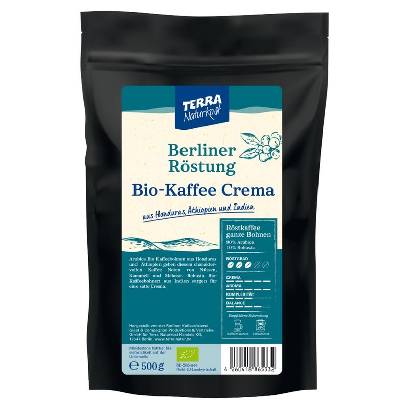 Terra Naturkost Handels KG Berliner Röstung Bio Kaffee Crema, Bohne  500g - Produktbild