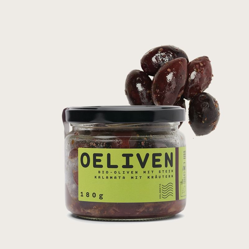 OEL  OELIVEN Bio Oliven mit Stein  - Kalamata mit Kräutern - Produktbild