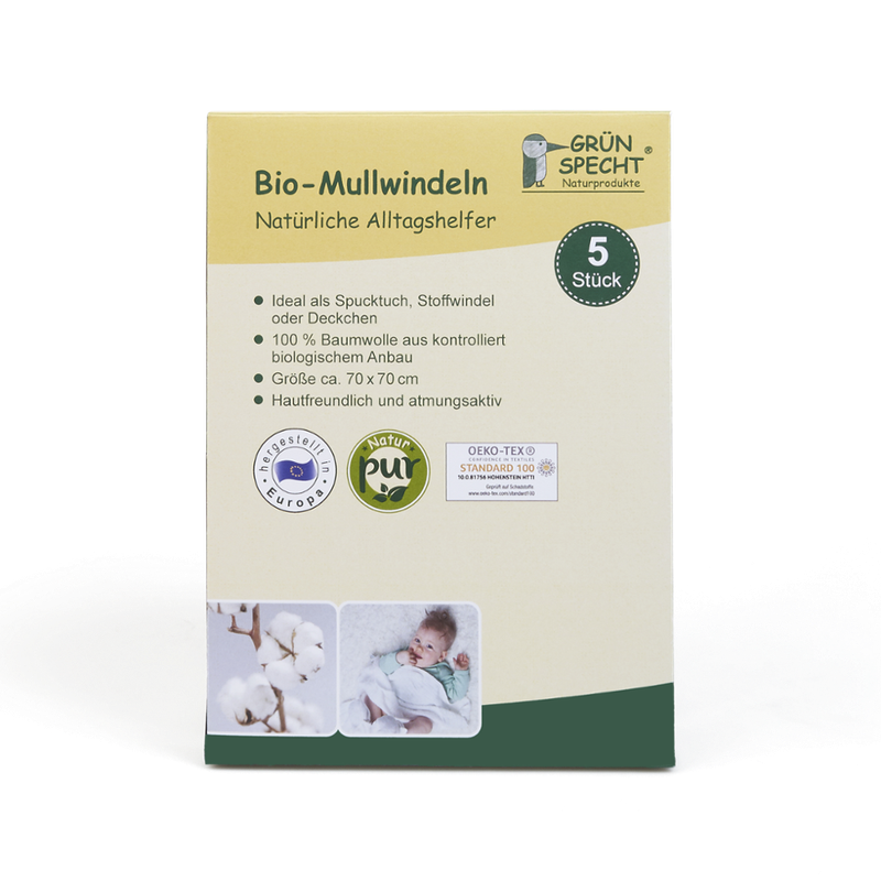 GRÜNSPECHT Naturprodukte Bio-Mullwindeln weiß 5 er Pack, 70x70 cm, 100 % Baumwolle (kbA), Oekotex 100 zertifiziert, hergestellt in Europa, in Faltschachtel aus Papier - Produktbild