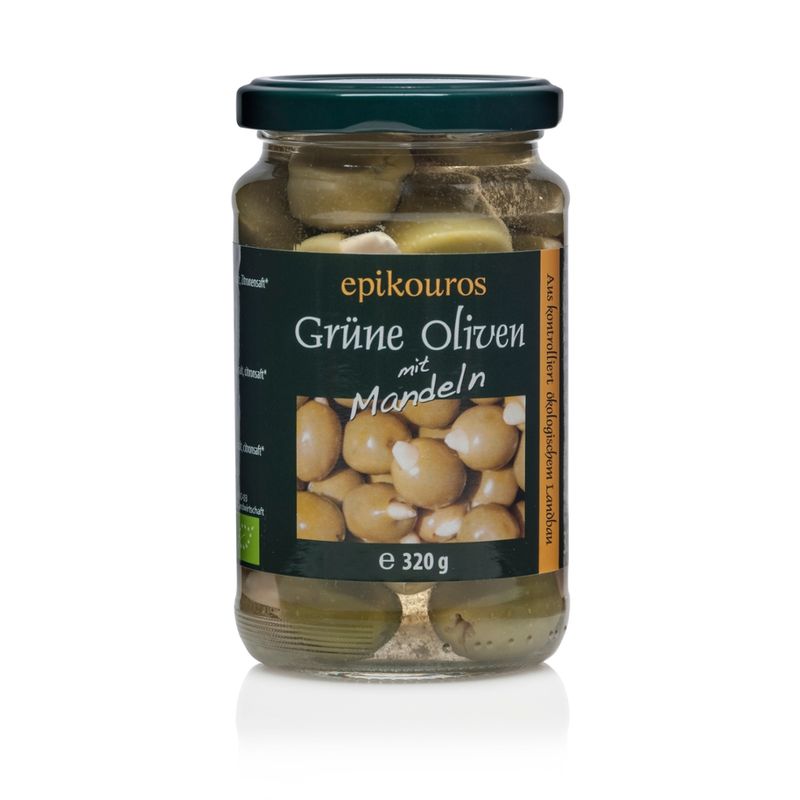 EPIKOUROS Grüne Oliven gefüllt mit Mandeln, in Lake, pasteurisiert - Produktbild