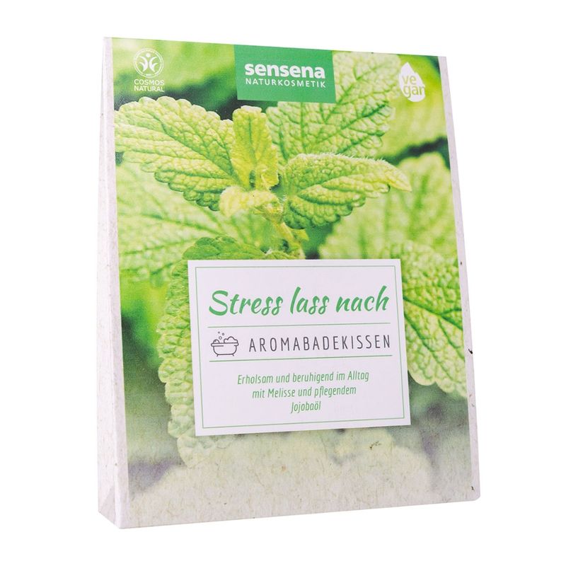 sensena Naturkosmetik Aromabadekissen, 60g, Motiv: Stress lass nach, mit Melissekräutern, ätherischen Ölen von Zitronengras, Wintergrün und Orangen, sowie Jojobaöl - Produktbild