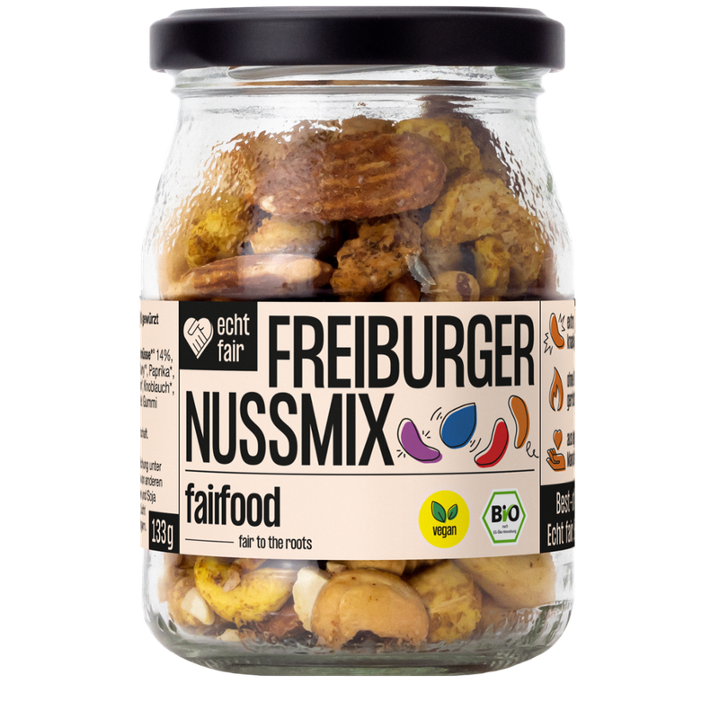 fairfood Freiburg Freiburger Nussmix geröstet & bunt gewürzt (133g, Pfandglas klein, Bio) - Produktbild