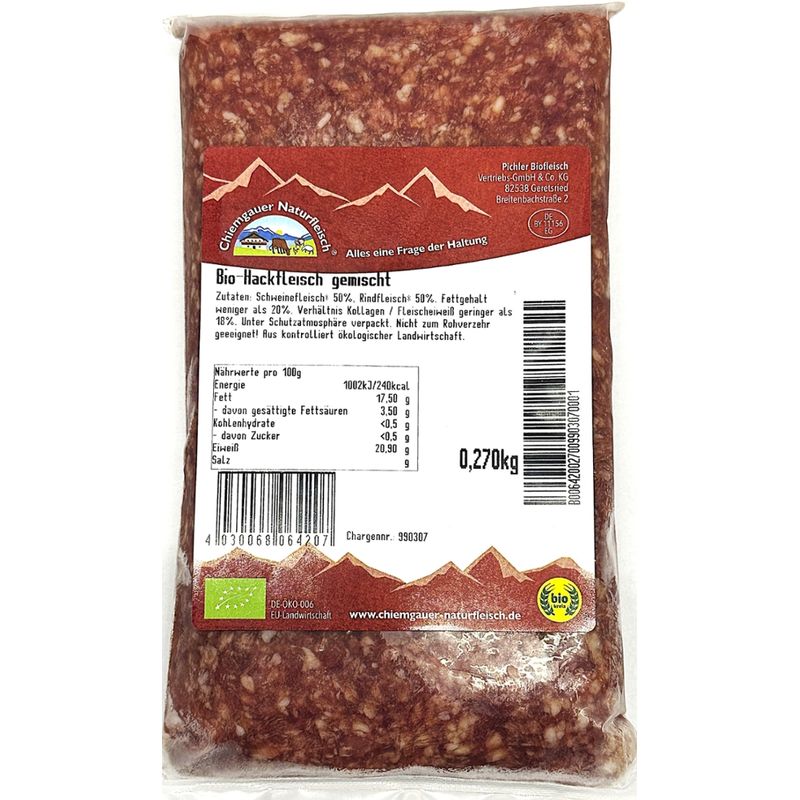 Chiemgauer Naturfleisch Hackfleisch gemischt, TK, 270 g, SB, kbA - Produktbild