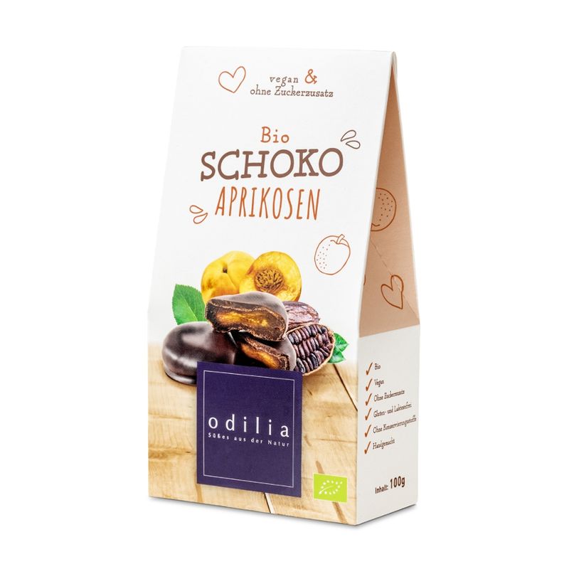 odilia Bio getrocknete Aprikosen mit Kakao überzogen mit Dattel gesüßt, Glutenfrei, Laktosefrei - Produktbild