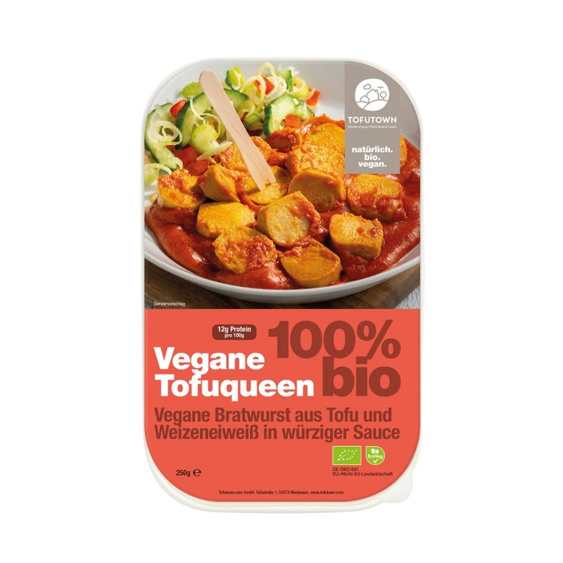 Tofutown Vegane Tofuqueen - Vegane Bratwurst aus Tofu und Weizeneiweiß in würziger Sauce - Produktbild