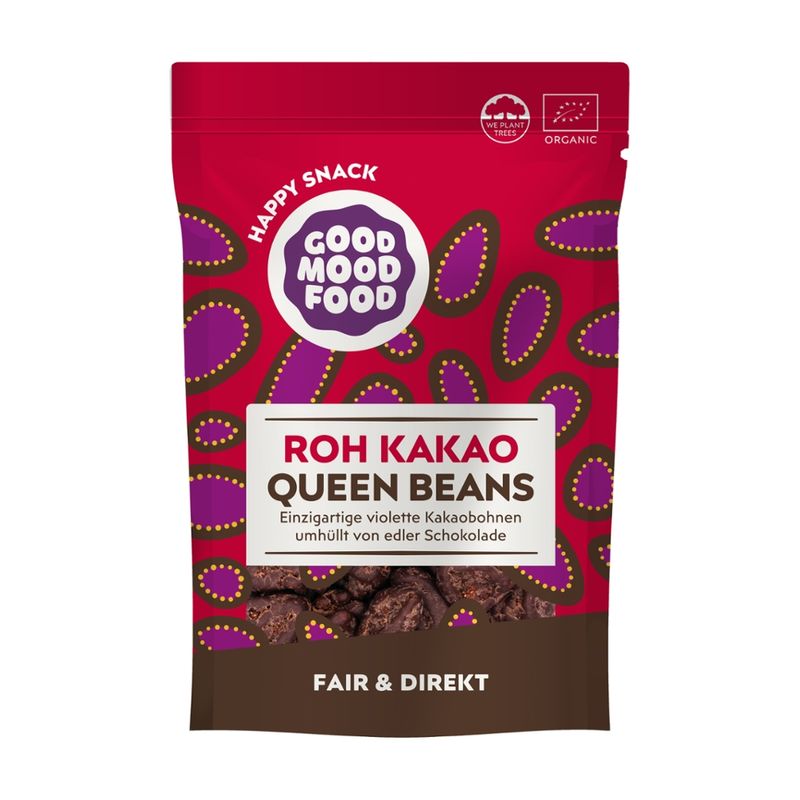 goodmoodfood Roh Kakao Queen Beans - violette Kakaobohnen mit Fruchtfleisch umhüllt von edler Schokolade - Produktbild