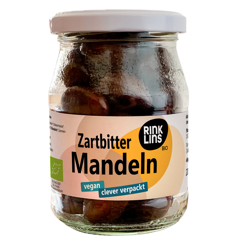 RINKLINS BIO Zartbitter Mandeln clever verpackt im Pfandglas - Produktbild