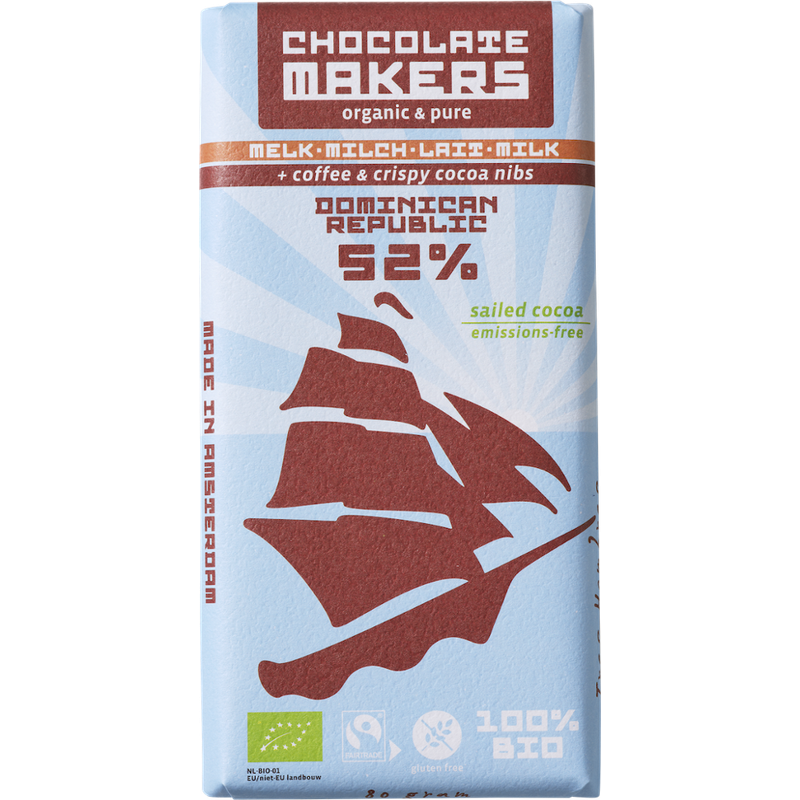 Chocolatemakers Bio Tres Hombres Tafel dunkle Milch 52% mit Kaffee und Kakaonibs - Produktbild