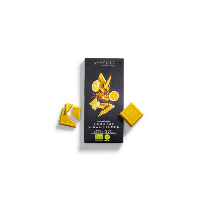 SAVOUR Weiße Kakaotafel mit Kurkuma, Ingwer & Zitrone - Produktbild