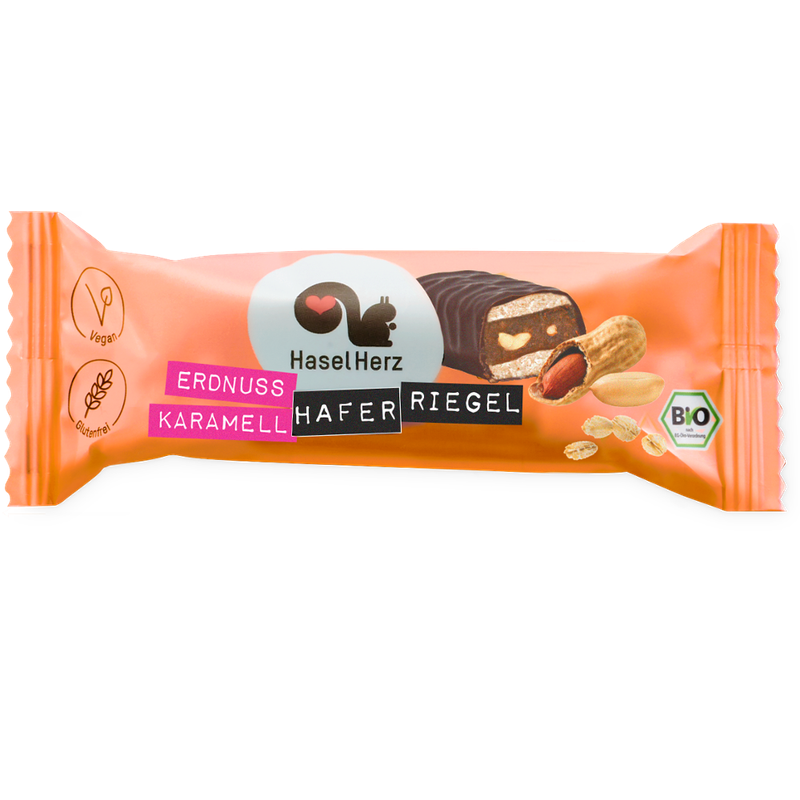 HaselHerz Veganer Bio-Erdnuss-Karamell-Haferriegel mit Schokoladenüberzug - Produktbild