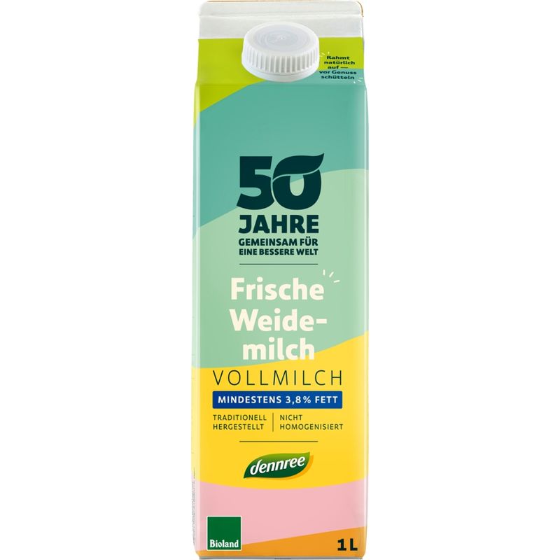 dennree Frische Weidevollmilch, mindestens 3,8% Fett, traditionell hergestellt, nicht homogenisiert - Produktbild