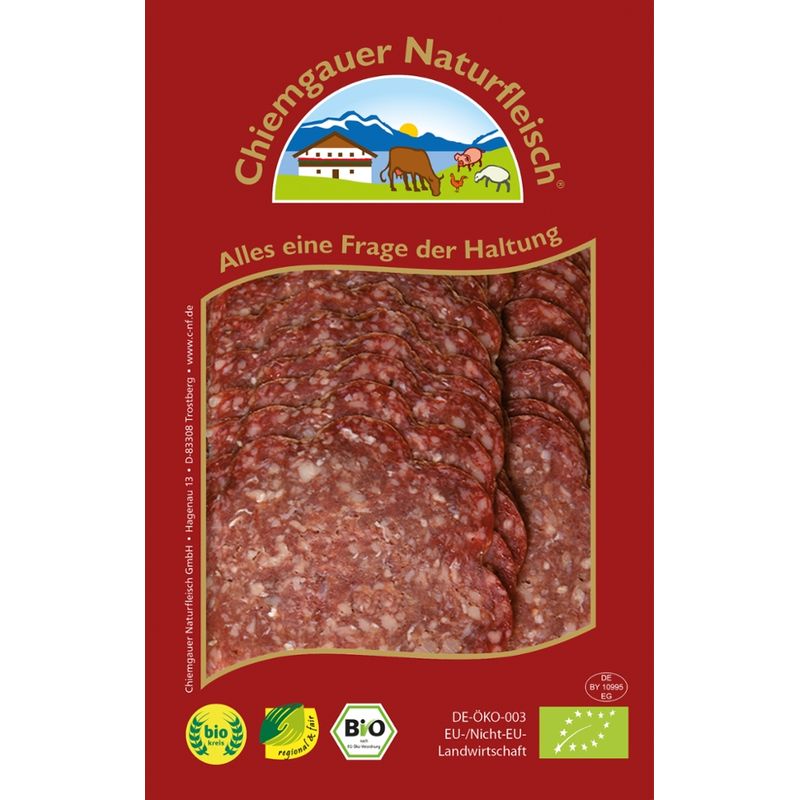 Chiemgauer Naturfleisch Rindersalami, geschnitten, 60 g, SB, kbA - Produktbild