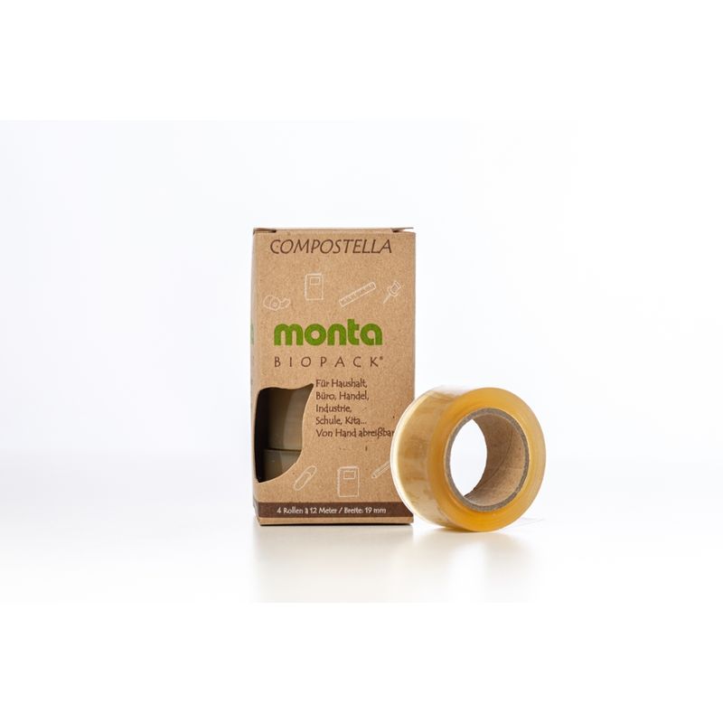 Compostella Monta Biopack, kompostierbares Klebeband, 19 mm breit, 12 m lang, 4 Rollen je Schachtel, 10 Schachteln im Karton - Produktbild