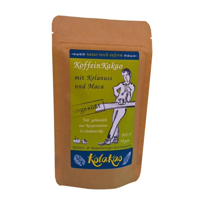 KolaKao KolaKao mit Maca, ungesüßt - der KoffeinKakao mit 50% koffeingebender Kolanuss und 15% mobilisierender Macaknolle. Das Getränkepulver ohne Zuckerzugabe mit schwach entöltem Criollo-Edelkakao aus Atalaya, mit einer Spur Tonka und Meersalz vollendet. - Produktbild