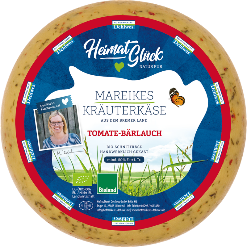 HeimatGlück Mareikes Kräuterkäse Tomate-Bärlauch Bio-Schnittkäse mit 50 % Fett i.Tr., pasteurisiert. - Produktbild