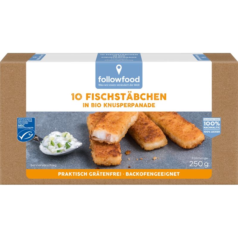 followfood 10 Fischstäbchen in Bio-Panade, Fischstäbchen aus Alaska-Seelachsfilet in Bio-Panade, praktisch grätenfrei, aus Blöcken geschnitten, vorgebraten, tiefgekühlt. - Produktbild