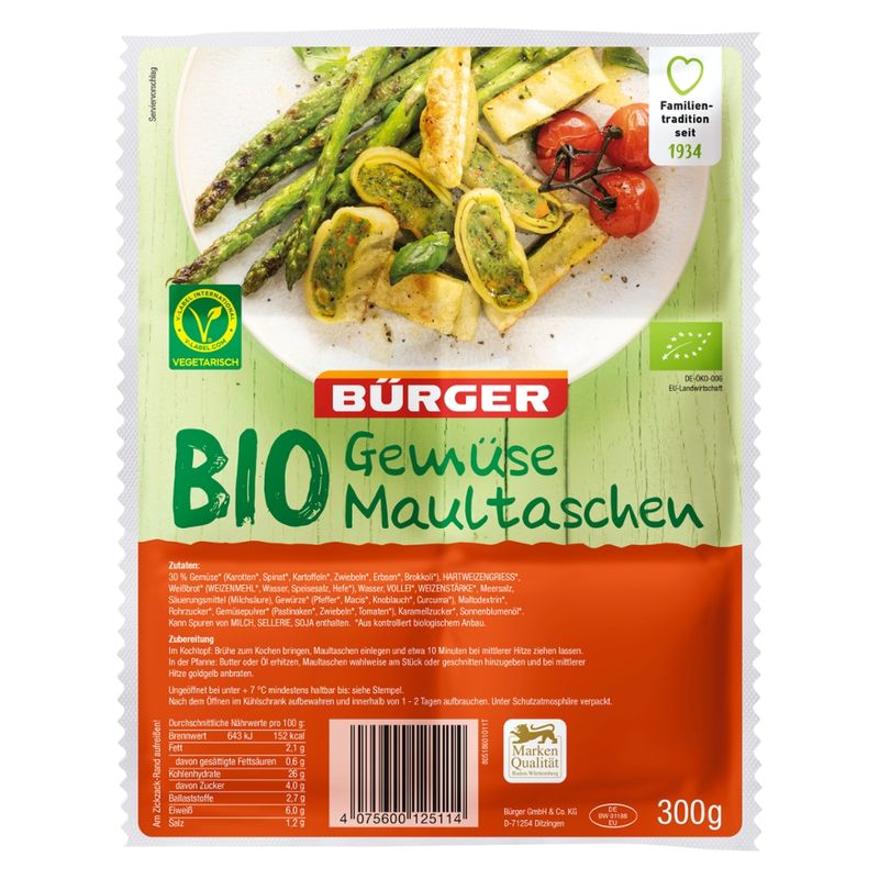 BÜRGER  Die BIO-Gemüsemaultaschen zeichnen sich durch eine verlockende Gemüsemischung aus Karotten, Spinat, Erbsen, Brokkoli und Kartoffeln aus. Die Zutaten stammen aus kontrolliert biologischem Anbau und tragen das Zertifikat der Kontrollstelle DE-ÖKO-006. - Produktbild
