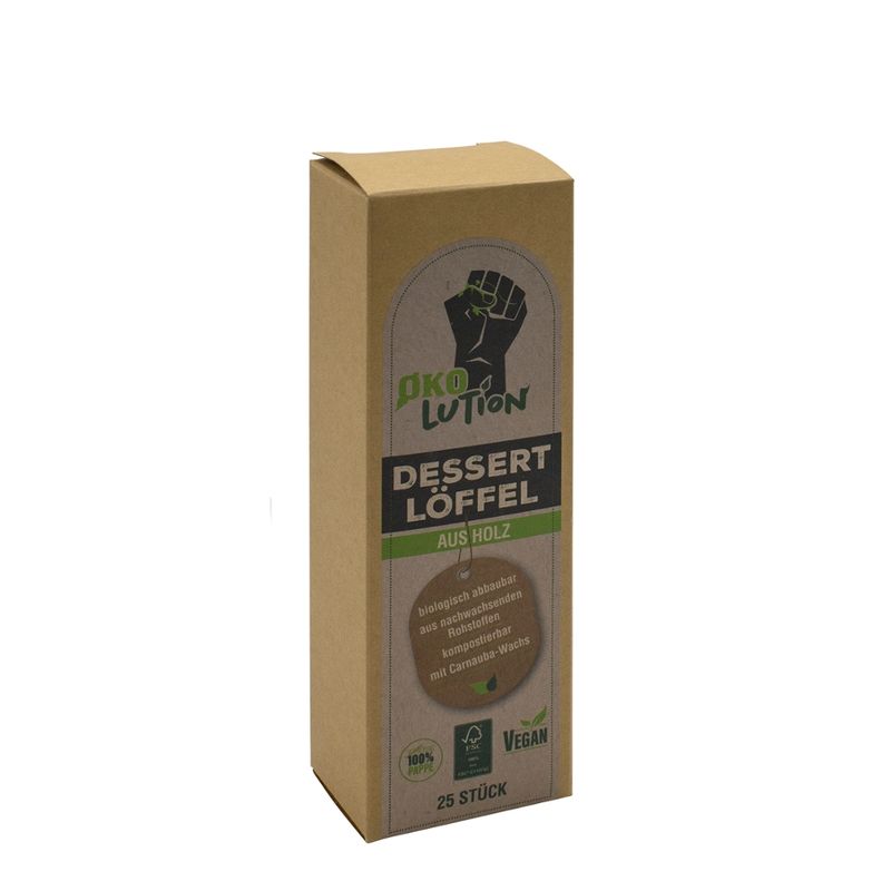 Ökolution Ökolution Dessertlöffel Birke Carnaubawachs 25 Stück Artikel und Verpackung FSC zertifiziert - Produktbild