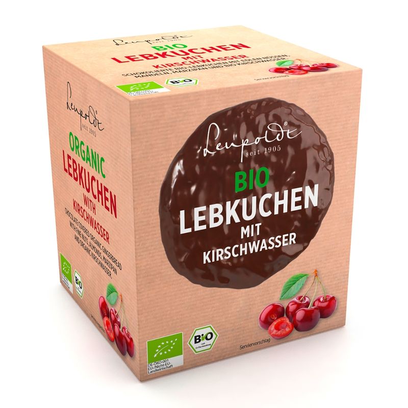 Leupoldt Feine Bio Oblaten-Lebkuchen mit 14% Nüssen und Mandeln im Lebkuchen, Marzipan und Kirschwasser (40% vol.). - Produktbild