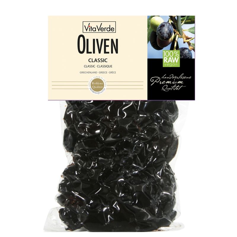 Vita Verde Schwarze Oliven, von Hand selektiert, luftgetrocknet, ohne zusätzliche Flüssigkeit in 100 % Rohkostqualität - Produktbild