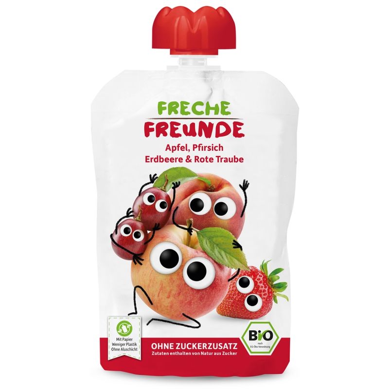 Freche Freunde Freche Freunde Quetschie Apfel, Pfirsich, Erdbeere & rote Traube 100g - Produktbild