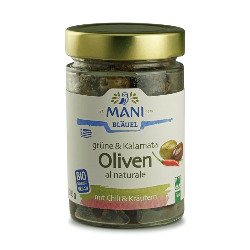 MANI® MANI Grüne & Kalamata Oliven al naturale, Chili & Kräutern, bio, NL Fair, 205g - Produktbild