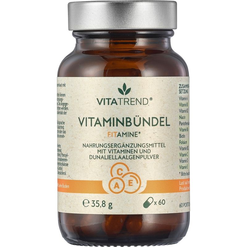 vitatrend Vitaminbündel Kapseln - Vitamin B1, B2, Nicin, Pantothensäure, Vitamin B12 und Vitamin C tragen zu einem normalen Energiestoffwechsel bei. Vitamin C und D tragen zu einer normalen Funktin des Immunsystems bei. - Produktbild