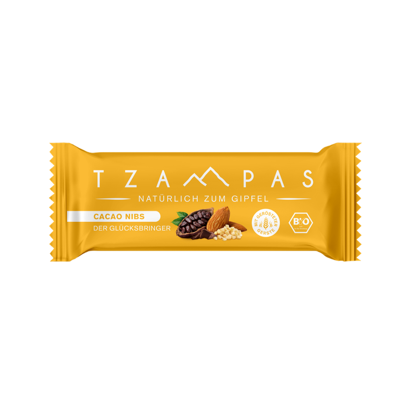 TZAMPAS TZAMPAS Energieriegel Cacao Nibs - Der Glücksbringer. Natürlich zum Gipfel. Aus gerösteter Gerste mit Mandeln und Kakaobohnen. - Produktbild