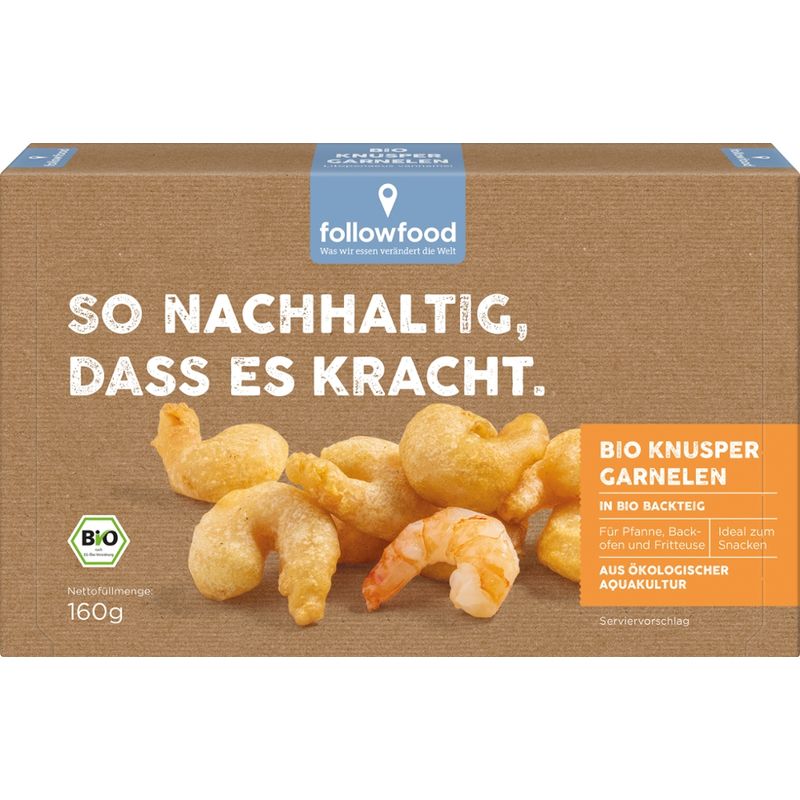 followfood Bio Garnelen, geschält, entdarmt, in Bio Backteig, vorfrittiert, tiefgekühlt. - Produktbild
