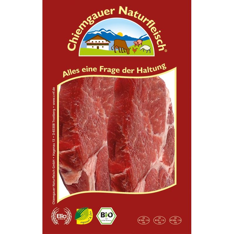 Chiemgauer Naturfleisch S-Nackensteaks, 2 St. ca. 360 g, SB, kbA - Produktbild