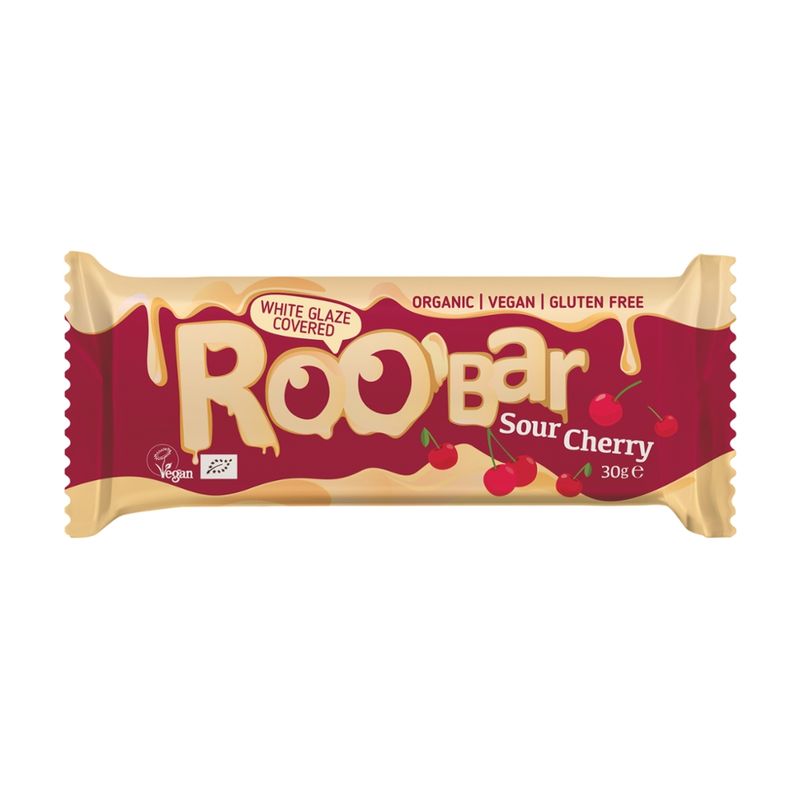 Roobar Roobar White Chocolate Covered Sour Cherry Bar, Bio, 30g - Produktbild