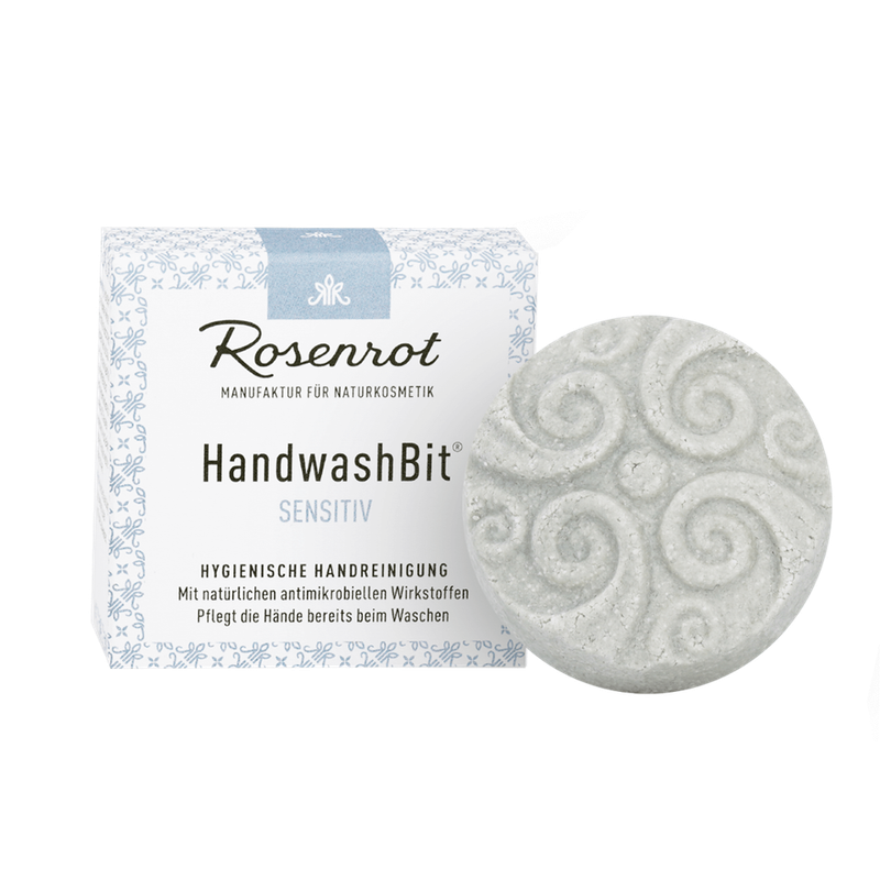 Rosenrot Naturkosmetik HandwashBit® - feste Waschlotion Sensitiv - 60g - in Schachtel - Duftfrei mit wertvollen Pflegeölen. Für seidige, zarte Haut ohne Irritationen. - Produktbild