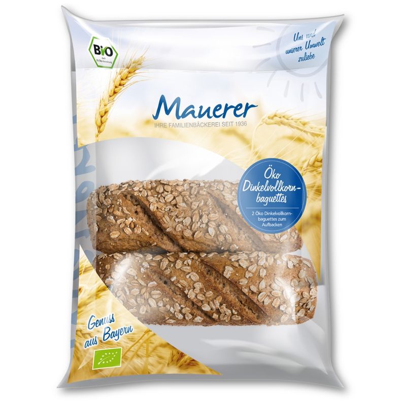 Öko Bäckerei Konditorei Mauerer  250g Öko TK Dinkelvollkornbaguette LEH 20x2 Stück - Produktbild