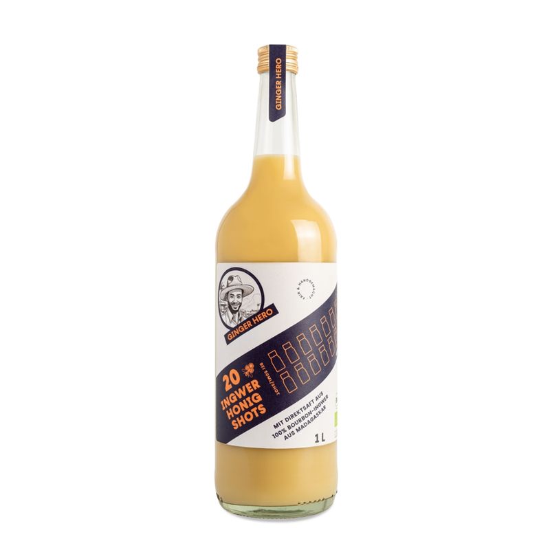 GINGER HERO 20 Bio Ingwer-Shots HONIG 1l, MIT SCHWARZWALDHONIG, Bourbon-Ingwer aus Madagaskar - Produktbild